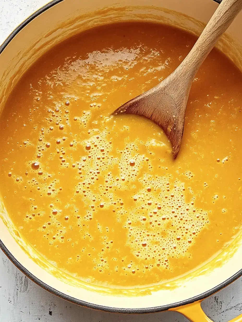 Un velouté orange crémeux est remué dans une grande marmite avec une cuillère en bois.