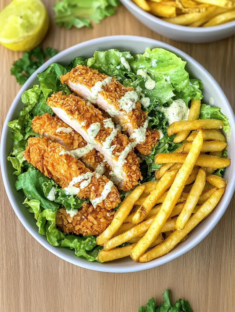 Un bol avec du poulet croustillant sur salade, garni de sauce, et une portion de frites.