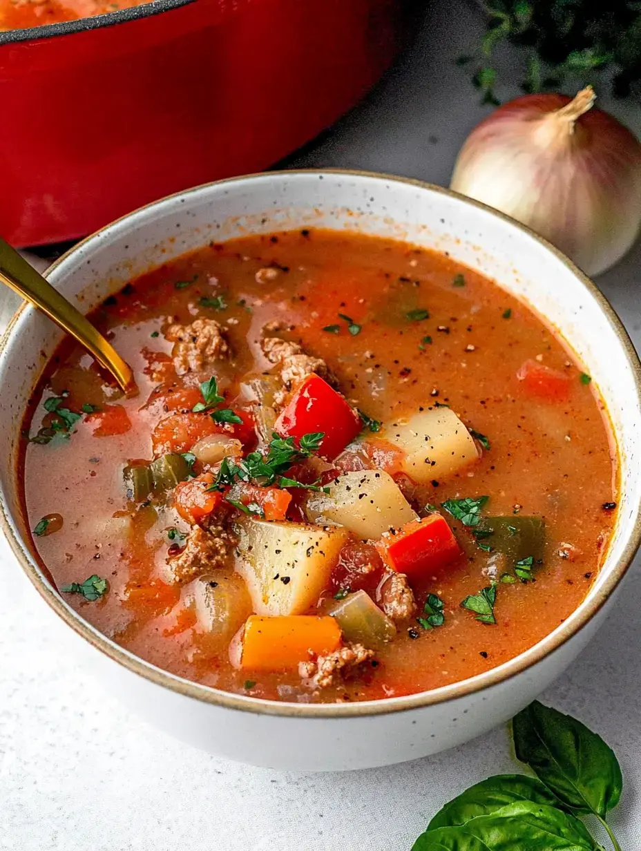 Un bol de soupe généreuse garnie de viande, légumes colorés et herbes fraîches.