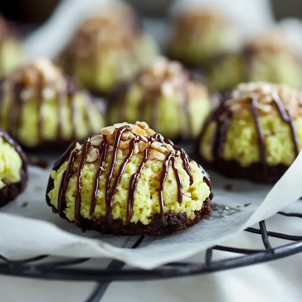 Une rangée de macarons verts à la noix de coco avec glaçage au chocolat et noix hachées sur une grille de refroidissement.