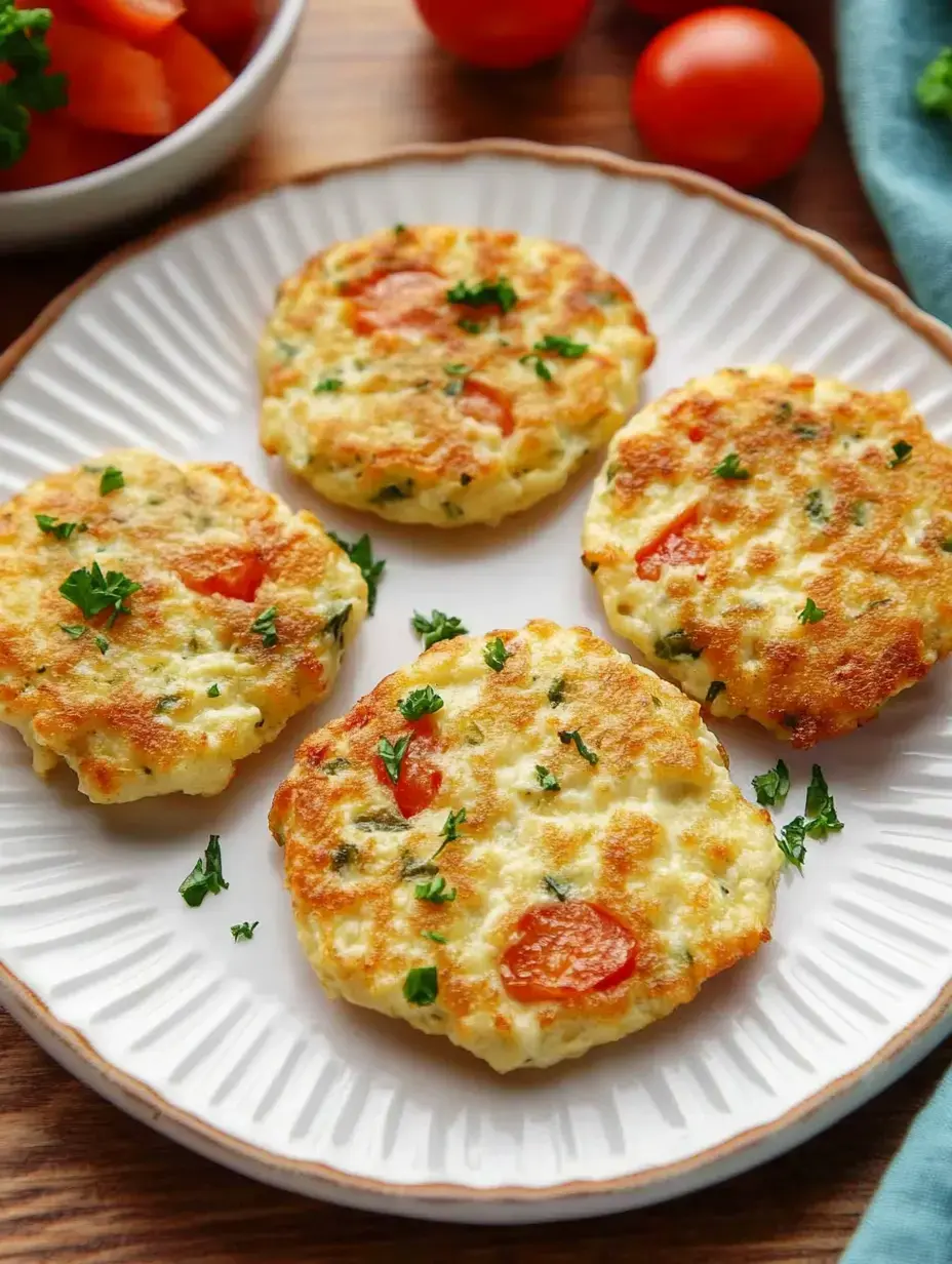 Gebackene Gemüsepuffer mit Tomaten und frischer Petersilie auf einem Teller.