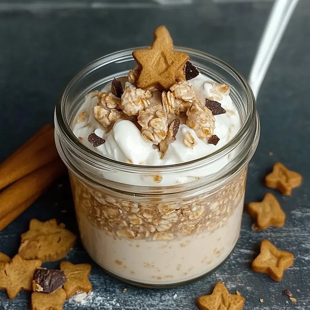 Un verre contenant du yaourt, des couches de flocons d'avoine, de la crème, des morceaux de chocolat et un biscuit étoile à la cannelle sur le dessus, entouré d'autres biscuits et bâtons de cannelle.