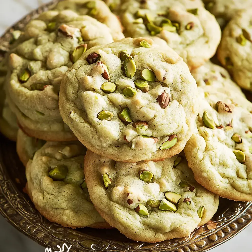 Une assiette de biscuits fraîchement cuits, décorés avec des morceaux de pistaches.