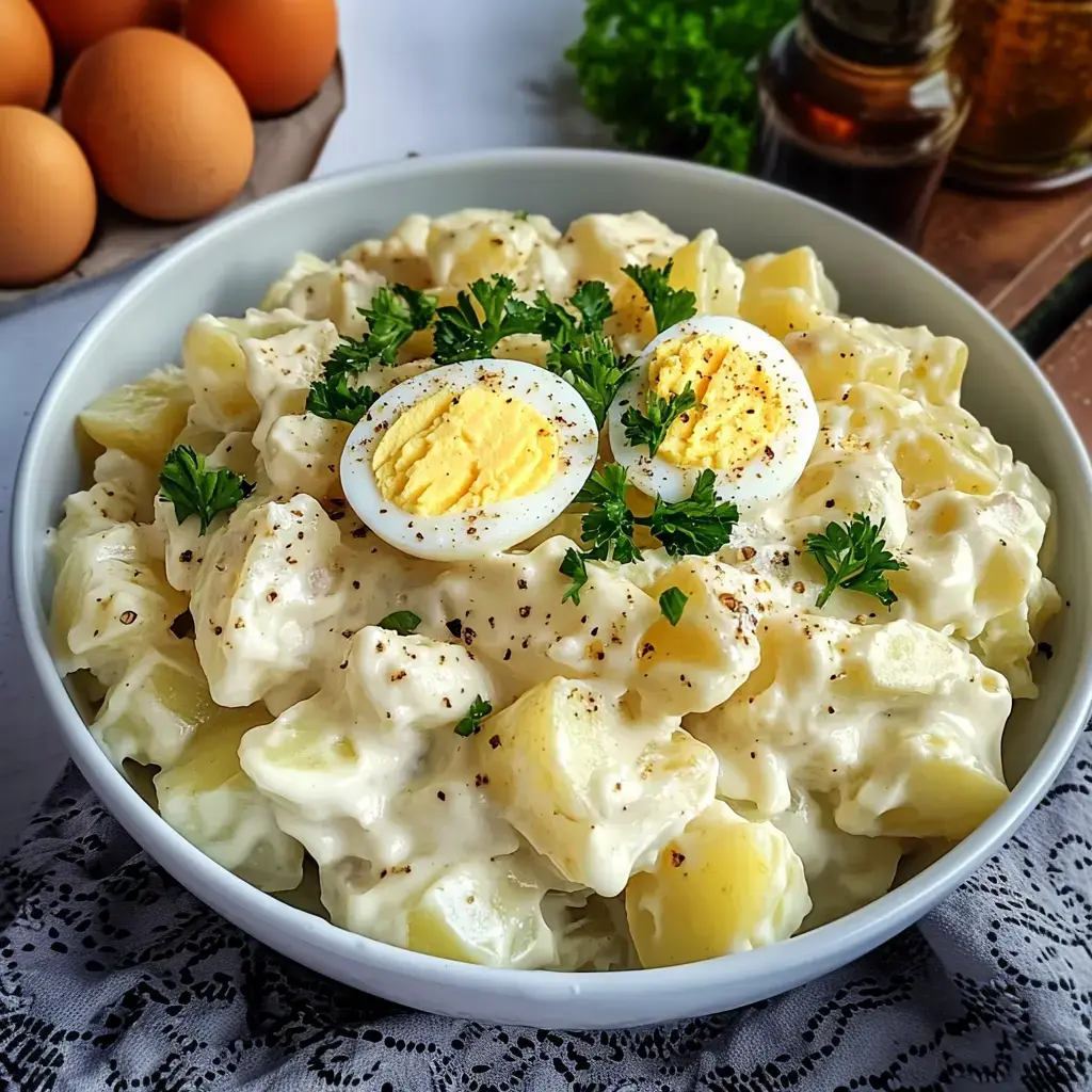 Une assiette de salade de pommes de terre à la mayonnaise, garnie de deux moitiés d'œufs durs et de persil frais, avec des œufs et de l'huile en arrière-plan.