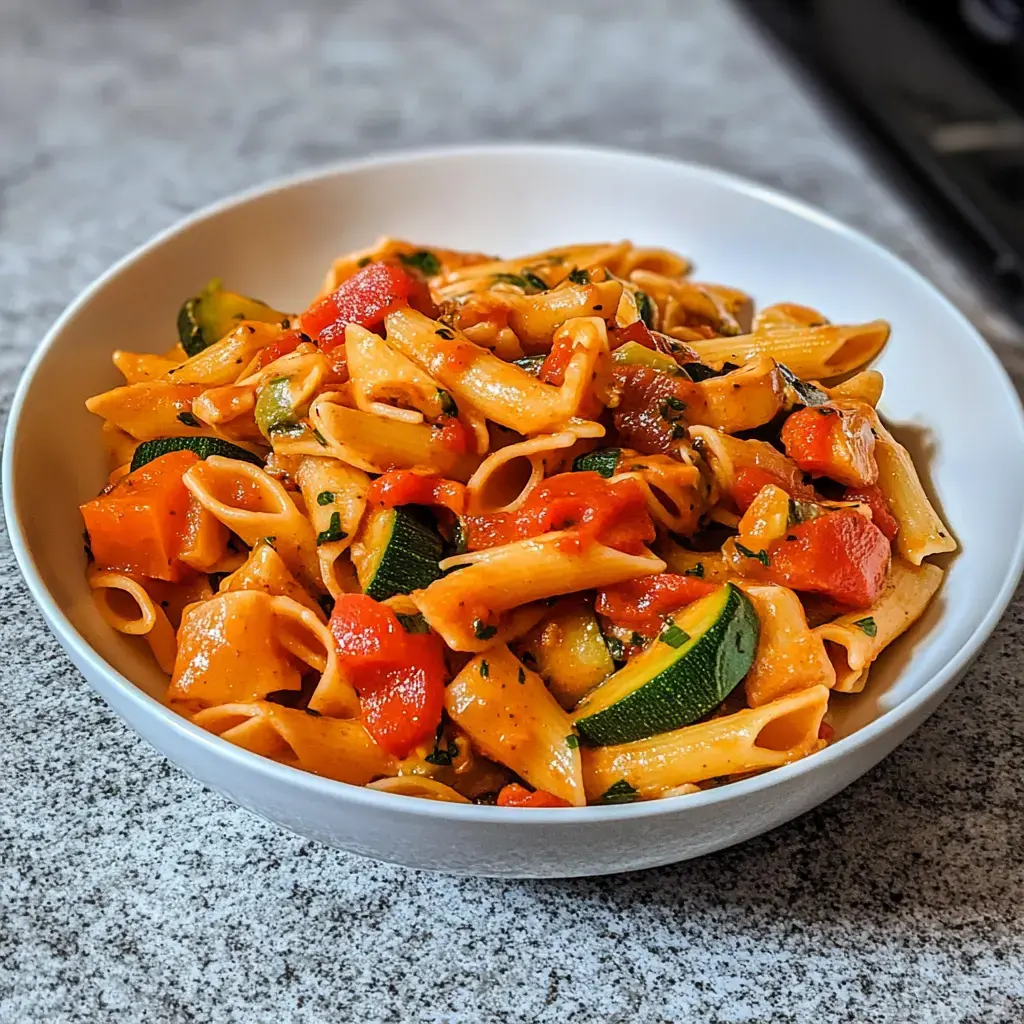 Une assiette de pâtes aux légumes et sauce tomate dans un bol blanc.
