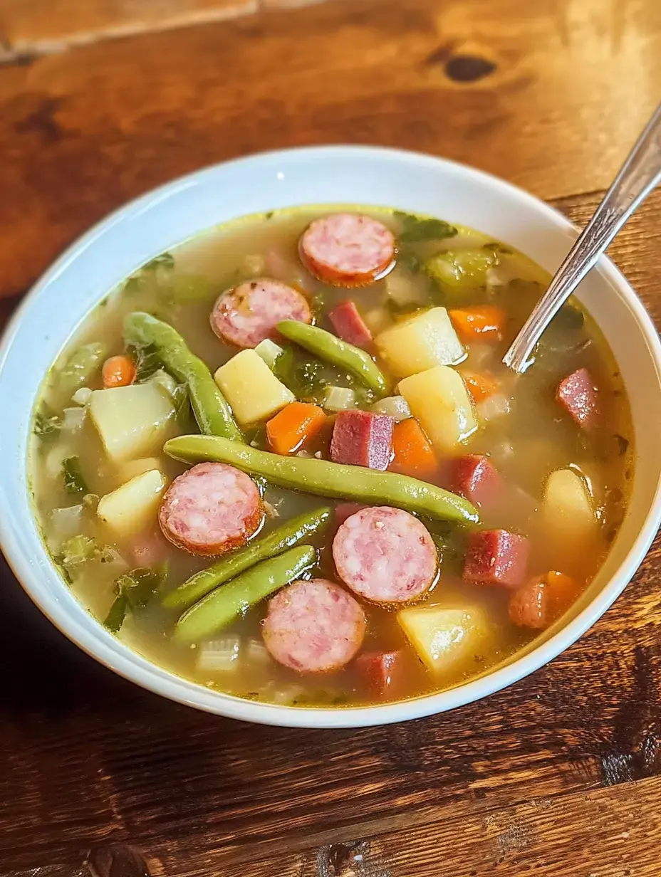 Un bol de soupe avec des tranches de saucisse, pommes de terre, carottes et haricots verts sur une table en bois.