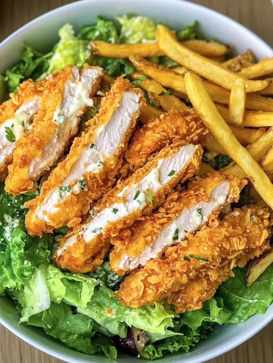 Une assiette avec des lanières de poulet croustillant sur un lit de salade verte et frites.