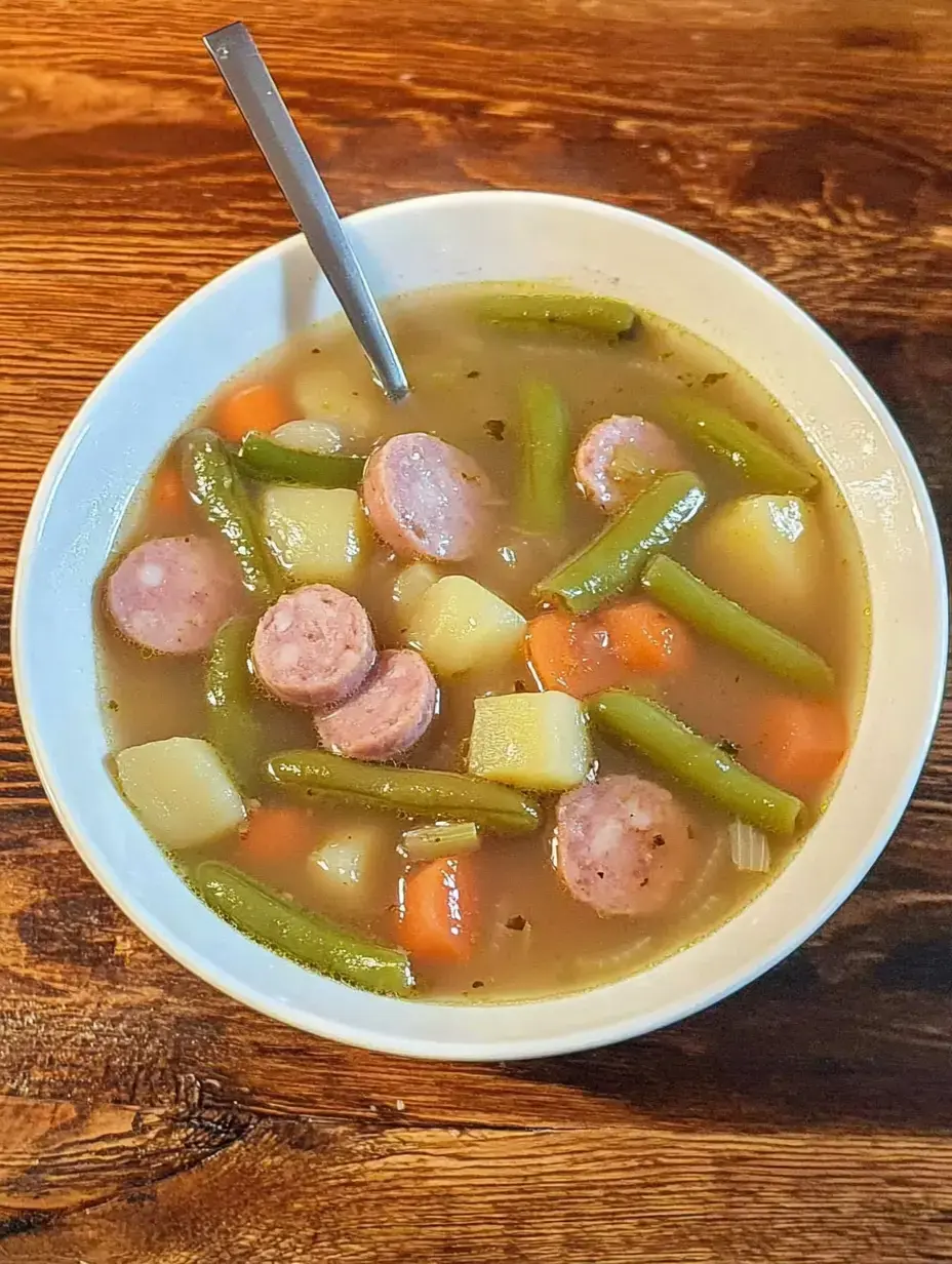 Un bol contenant une soupe aux légumes avec pommes de terre, carottes, haricots verts et tranches de saucisse posé sur une table en bois.