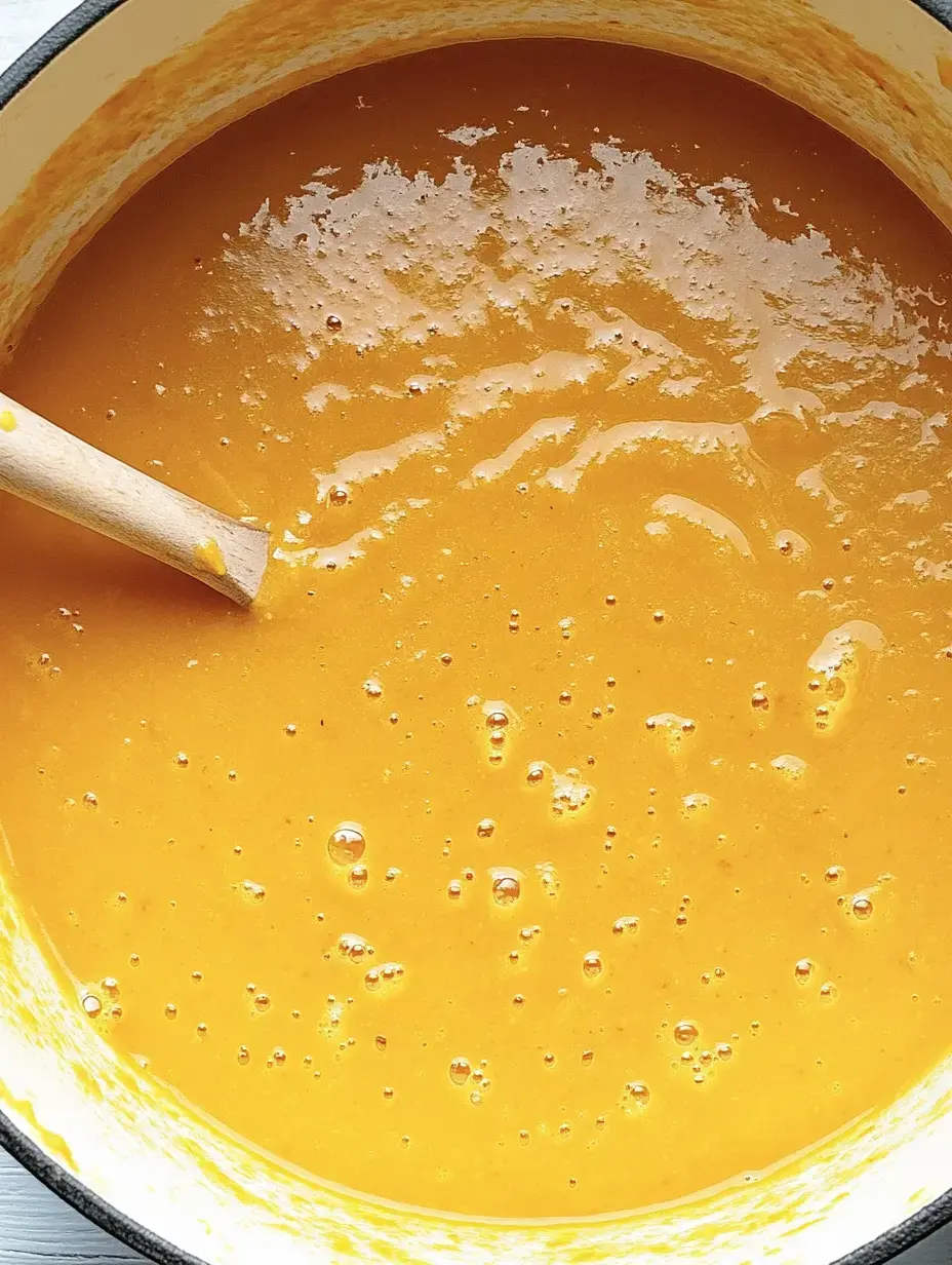 Une marmite contenant une soupe orange crémeuse avec une cuillère en bois dedans.
