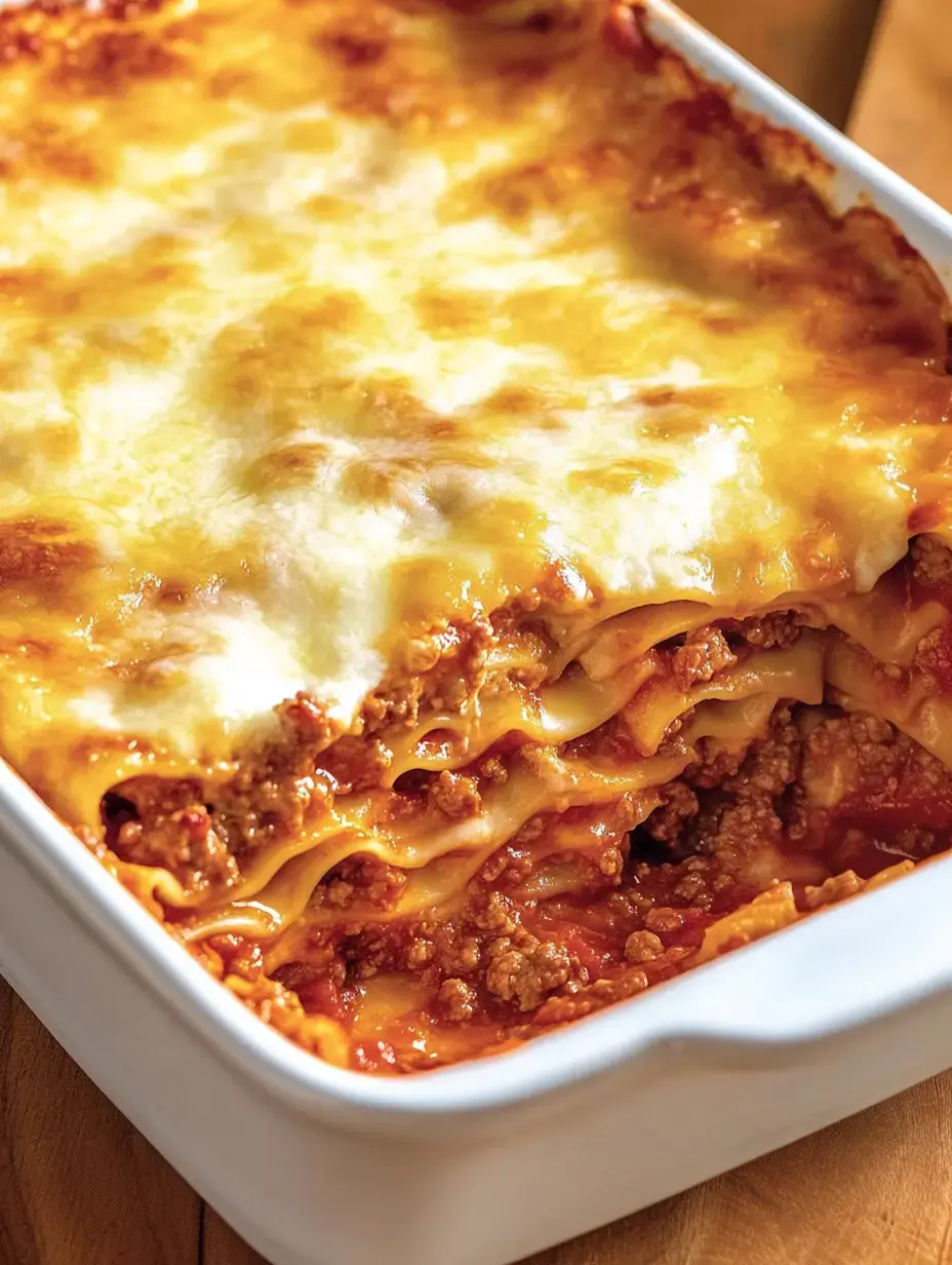 Un gratin de lasagne juteux avec du fromage fondu et des couches de sauce à la viande et de pâtes.