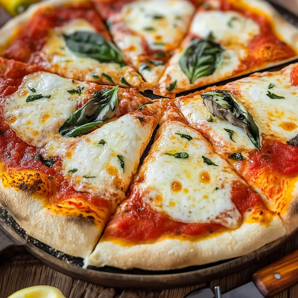 Une pizza Margherita fraîchement cuite avec mozzarella, sauce tomate et basilic frais, coupée en parts.