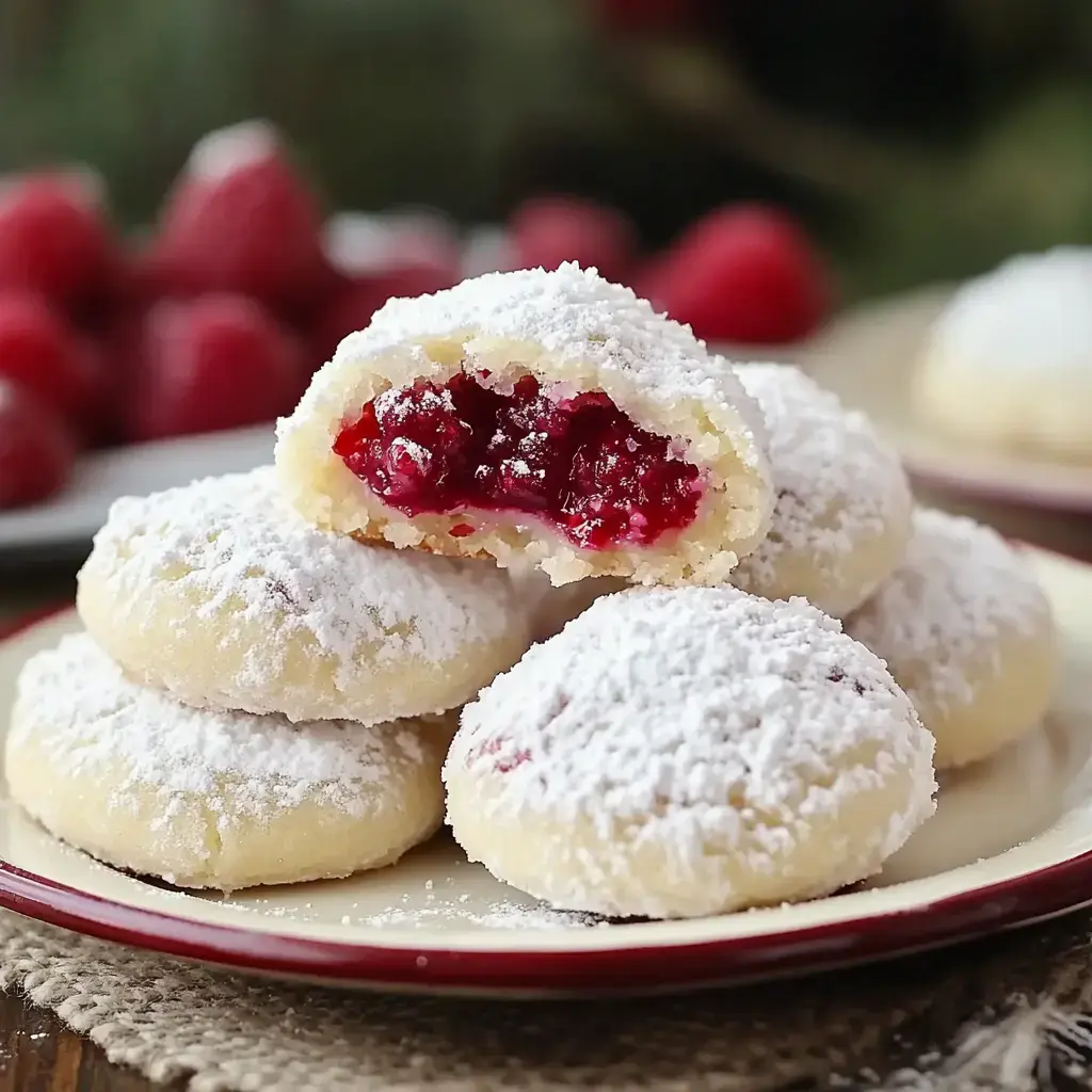Biscuits saupoudrés de sucre glace avec un fourrage rouge vif aux fruits, servis sur une assiette.