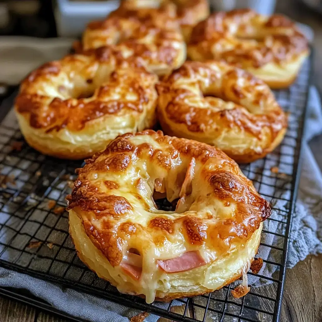 Une rangée de tourbillons dorés au fromage sur une grille de refroidissement, garnis de jambon et de fromage fondu.