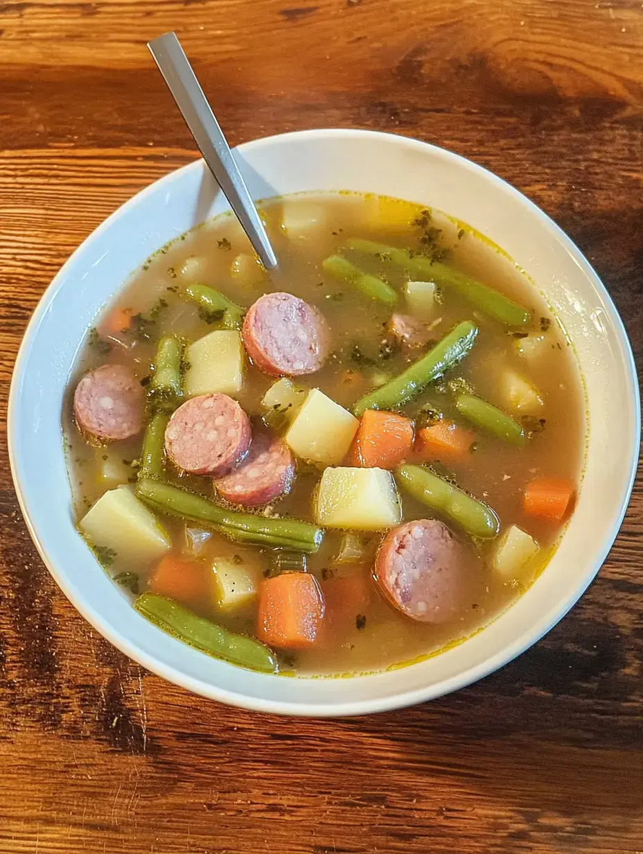Un bol de soupe avec saucisses, haricots verts, pommes de terre et carottes posé sur une table en bois.