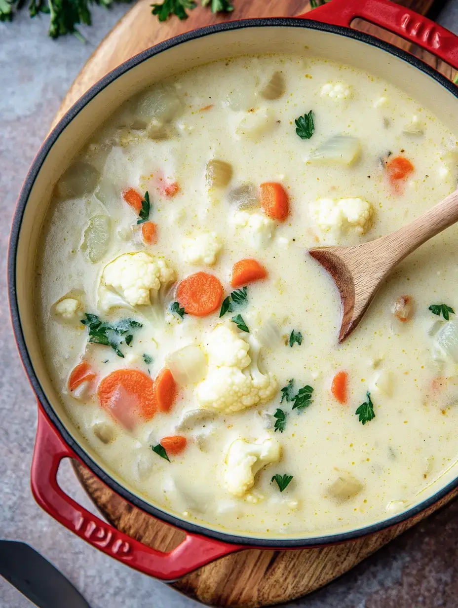 Une marmite contenant une soupe crémeuse avec du chou-fleur, des carottes et du céleri, posée sur une planche en bois.