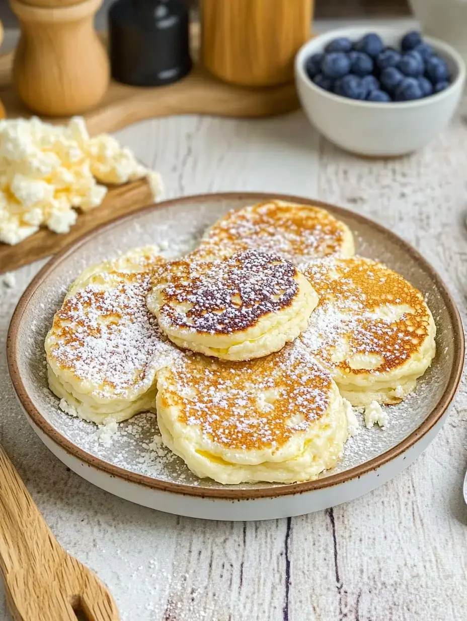 Une assiette de pancakes moelleux saupoudrés de sucre glace, à côté d'un bol de myrtilles et de fromage blanc.