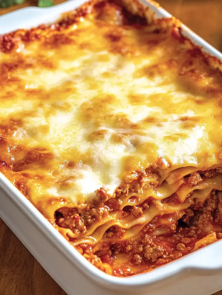 Une délicieuse lasagne avec une couche de fromage fondu doré et une sauce à la viande juteuse.