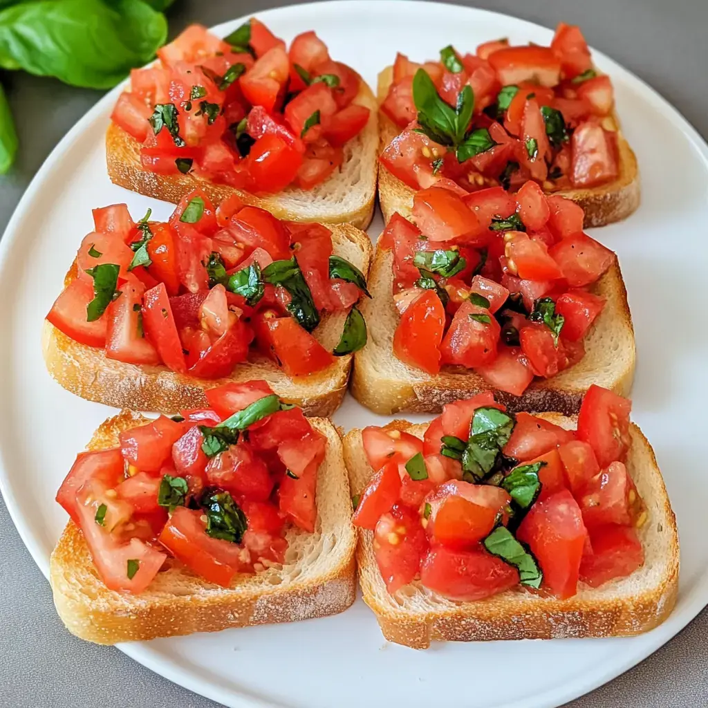 Une assiette avec six tranches de pain grillé, garnies de tomates coupées en dés et de basilic frais.