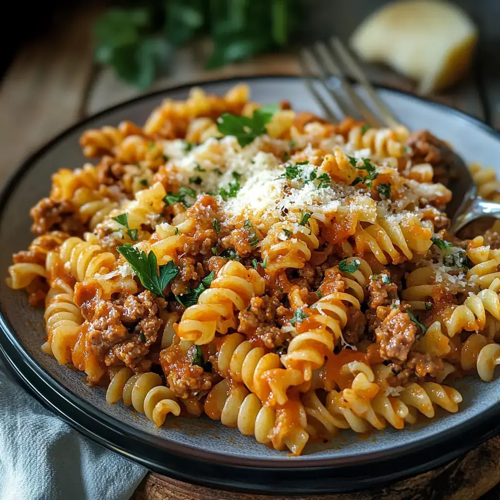 Une assiette de pâtes torsadées avec sauce à la viande, parmesan frais et persil, servie sur un fond rustique en bois.