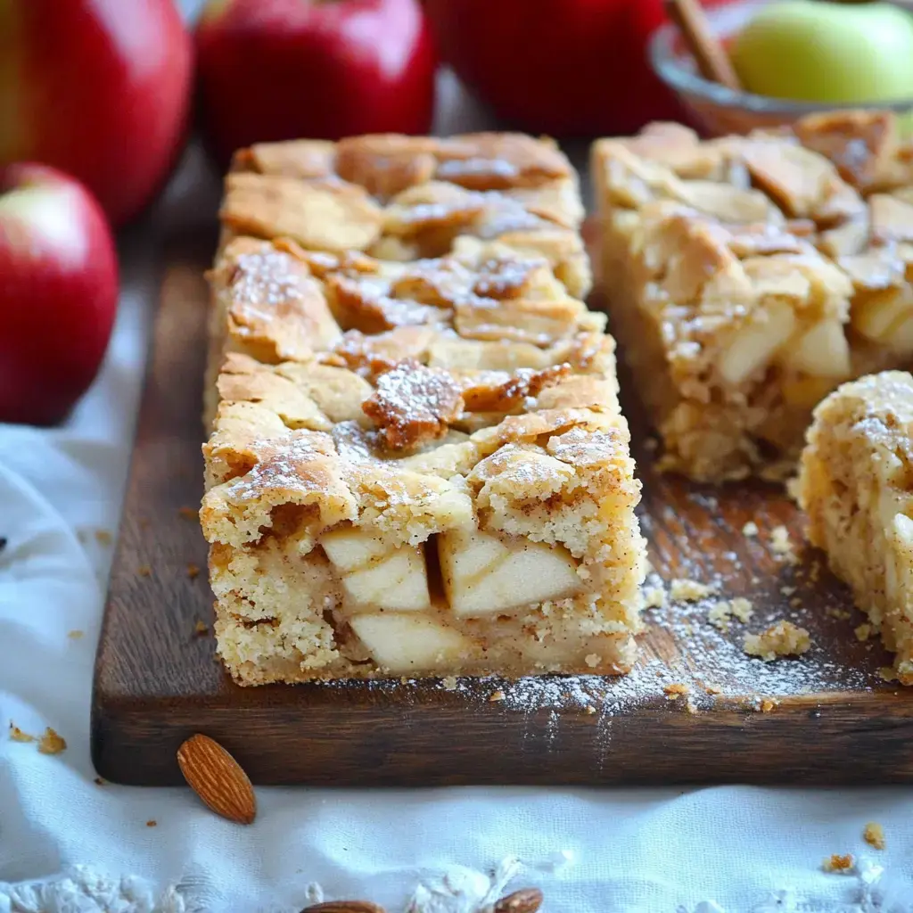 Un morceau de gâteau aux pommes avec une garniture croustillante posé sur une planche en bois, entouré de pommes rouges et vertes.