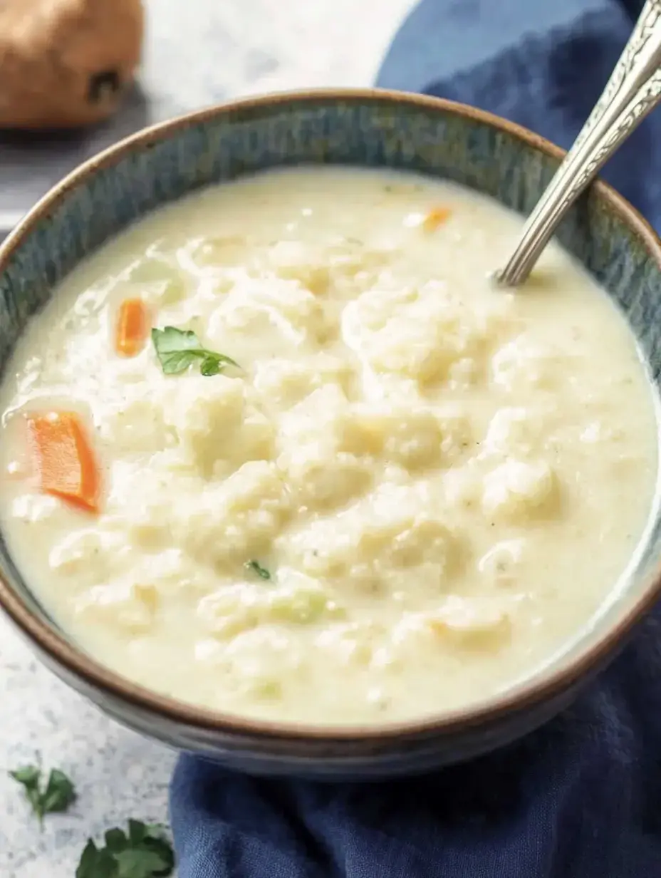 Un bol de soupe crémeuse avec de petites quenelles, des morceaux de carottes et de la coriandre fraîche.