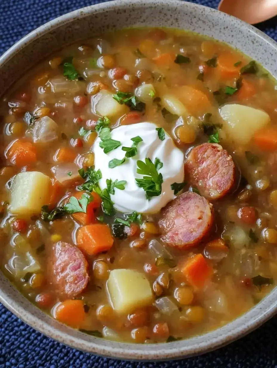 Un bol de soupe aux lentilles, garni de crème aigre et de coriandre fraîche, contenant des carottes, pommes de terre et morceaux de saucisse.