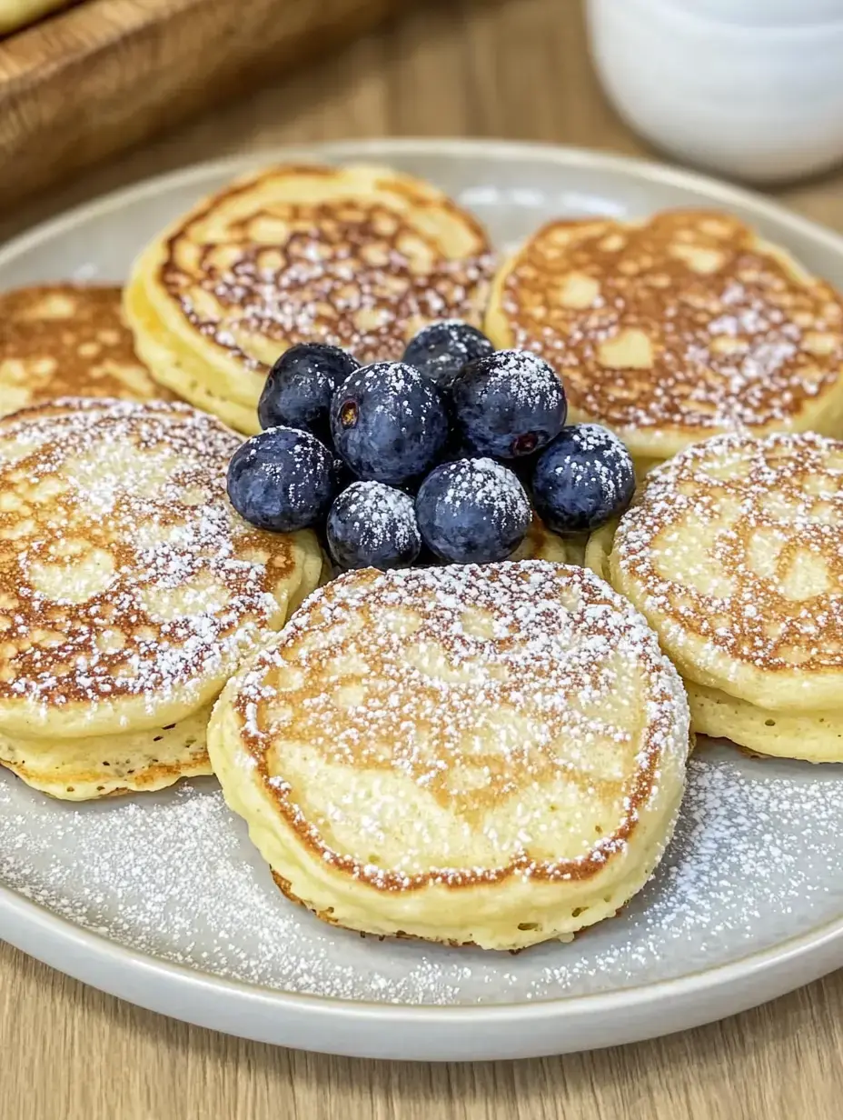 Une assiette de pancakes dorés saupoudrés de sucre glace et garnis de myrtilles fraîches.