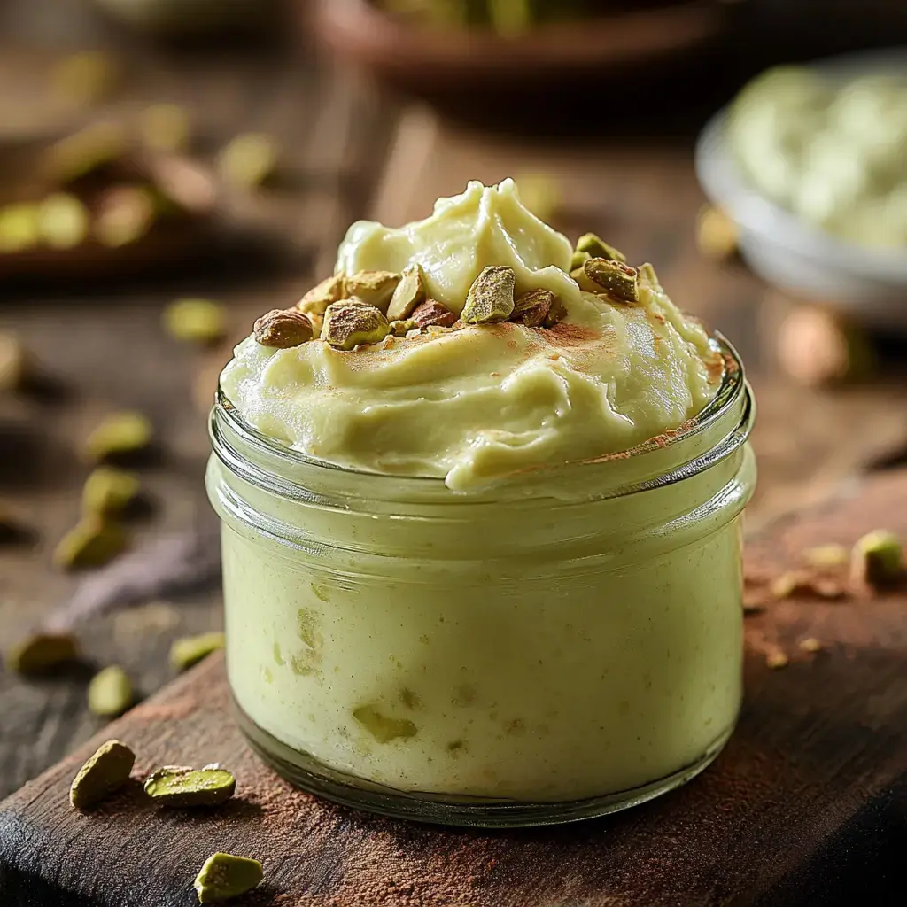 Un pot de dessert crémeux à la pistache, garni de pistaches hachées, posé sur une planche de bois rustique.