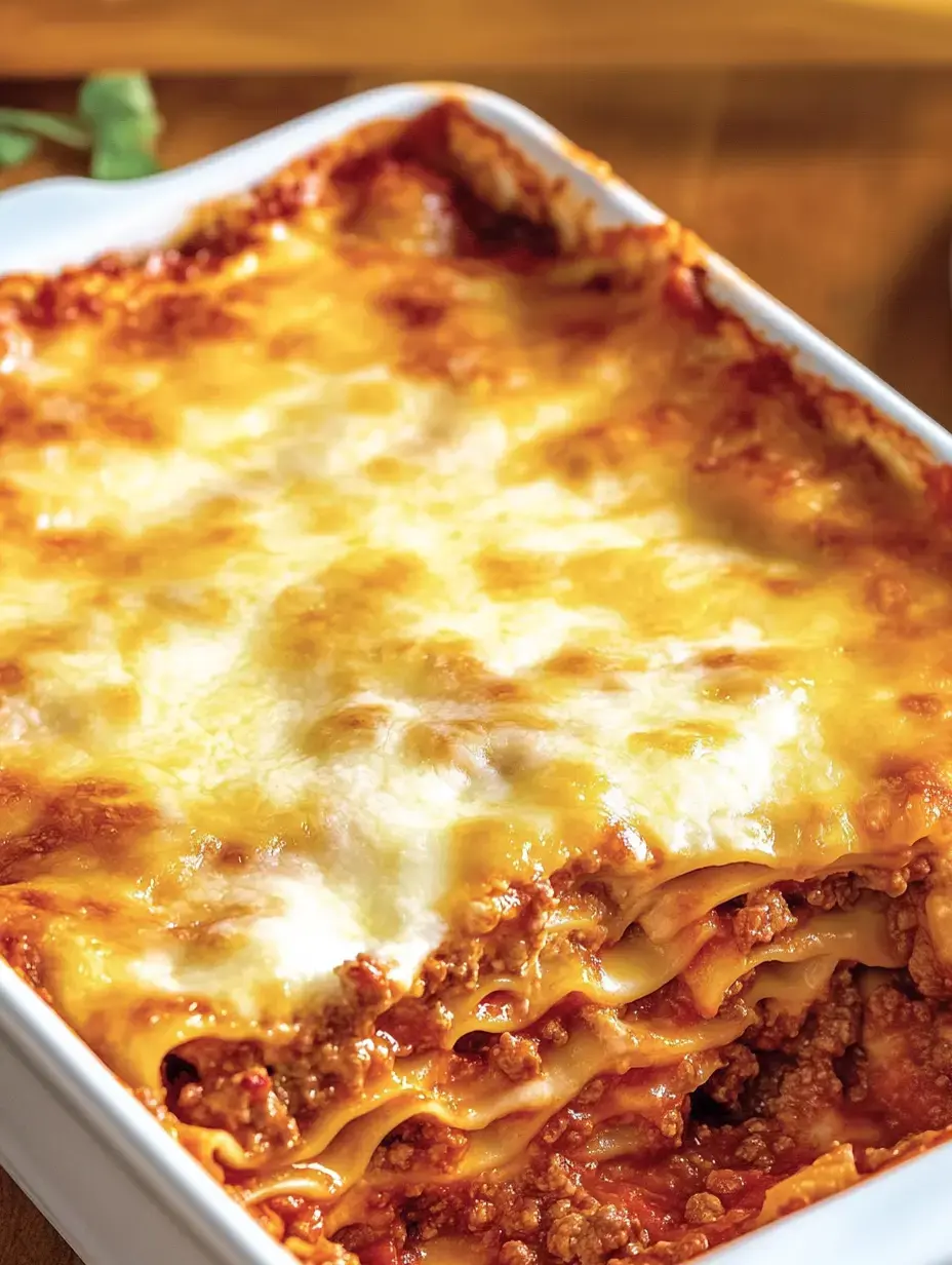 Une délicieuse lasagne avec des couches de pâtes, de viande hachée et de fromage fondu dans un plat à gratin blanc.