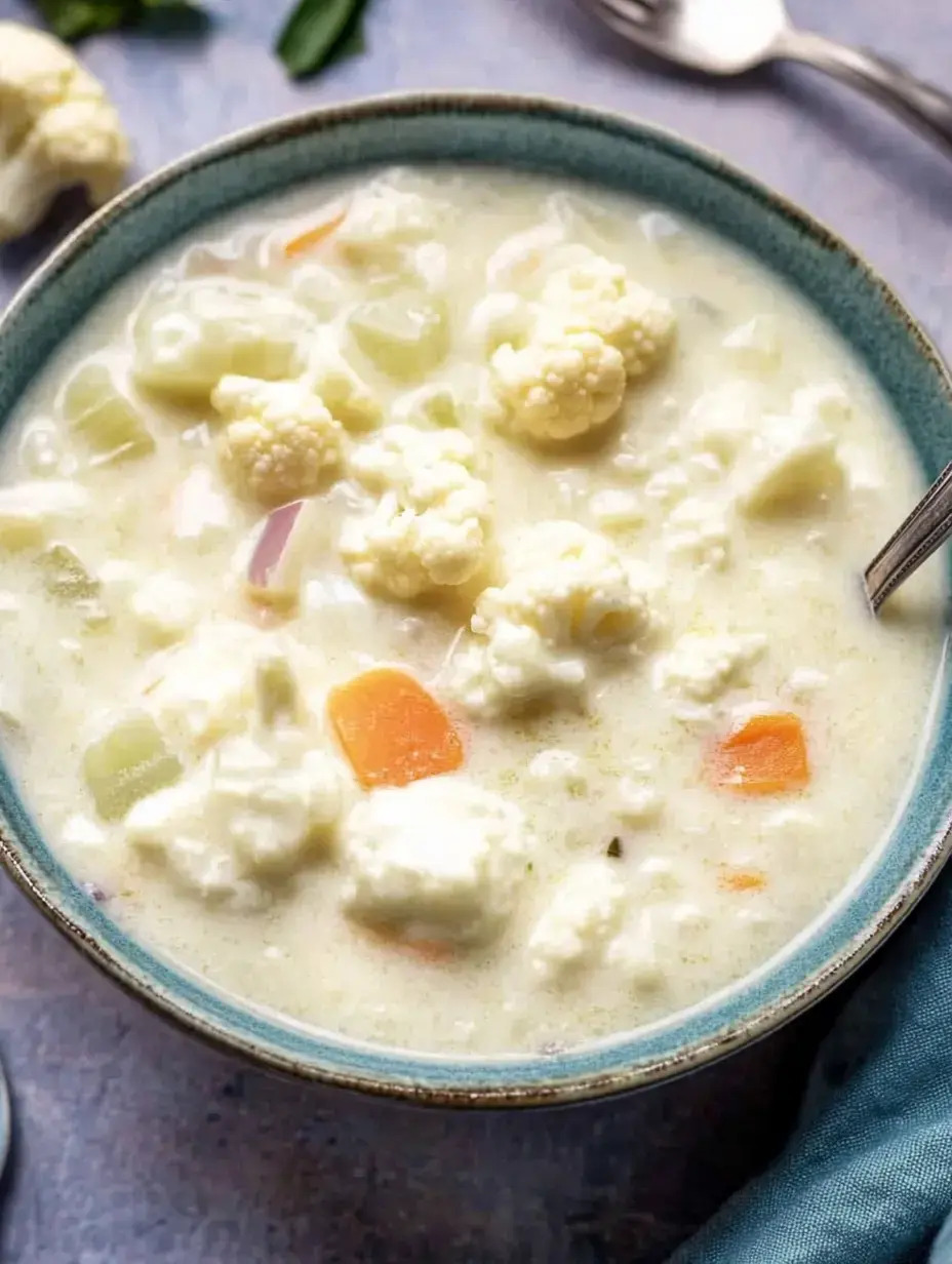 Un bol de velouté de chou-fleur parsemé de légumes colorés comme des carottes et du céleri.