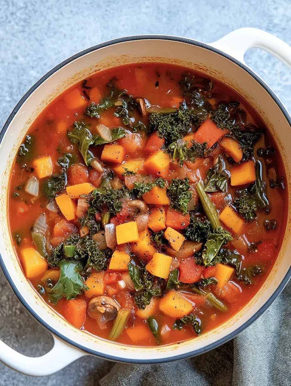 Une marmite remplie d'une soupe de légumes colorée, avec du potiron, du chou frisé, des tomates et d'autres légumes.