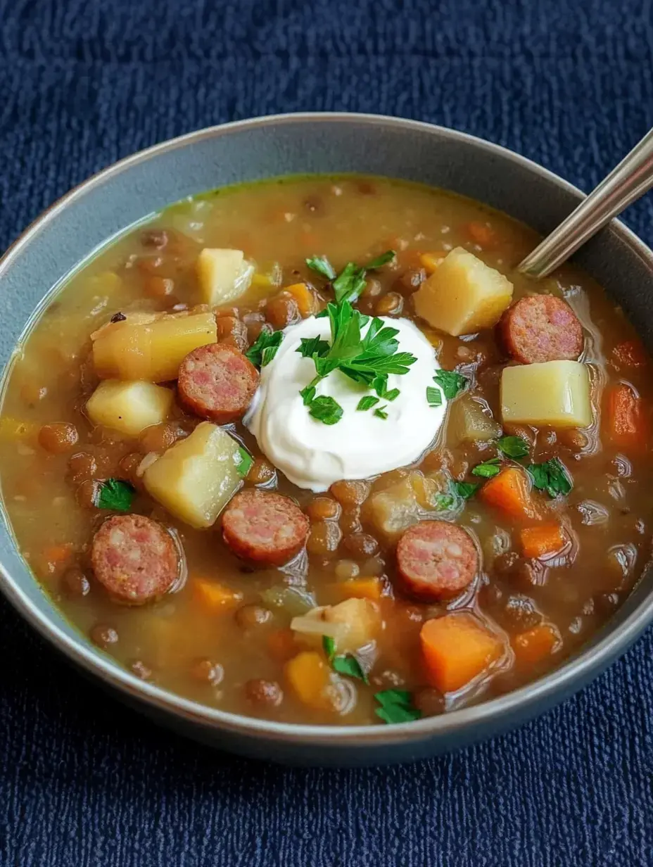 Un bol de soupe aux lentilles avec tranches de saucisse, morceaux de pomme de terre, carottes et une cuillère de crème aigre, garni de persil frais.