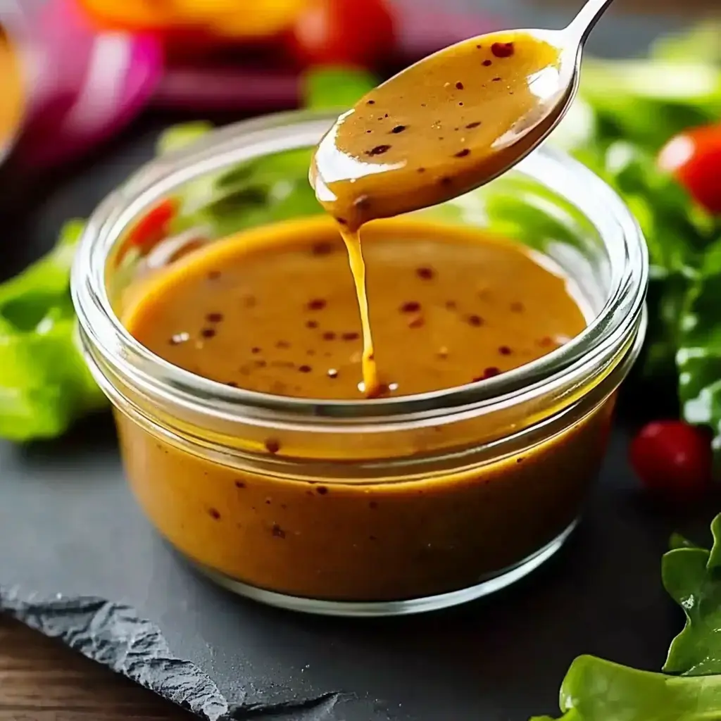Un pot contenant une sauce brune épicée, d'où l'on tire de la sauce avec une cuillère, entouré de salade fraîche et de légumes.