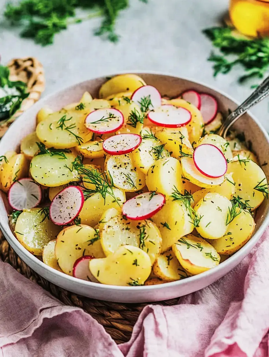 Une salade de pommes de terre fraîchement préparée avec des radis et de l'aneth dans un bol blanc.