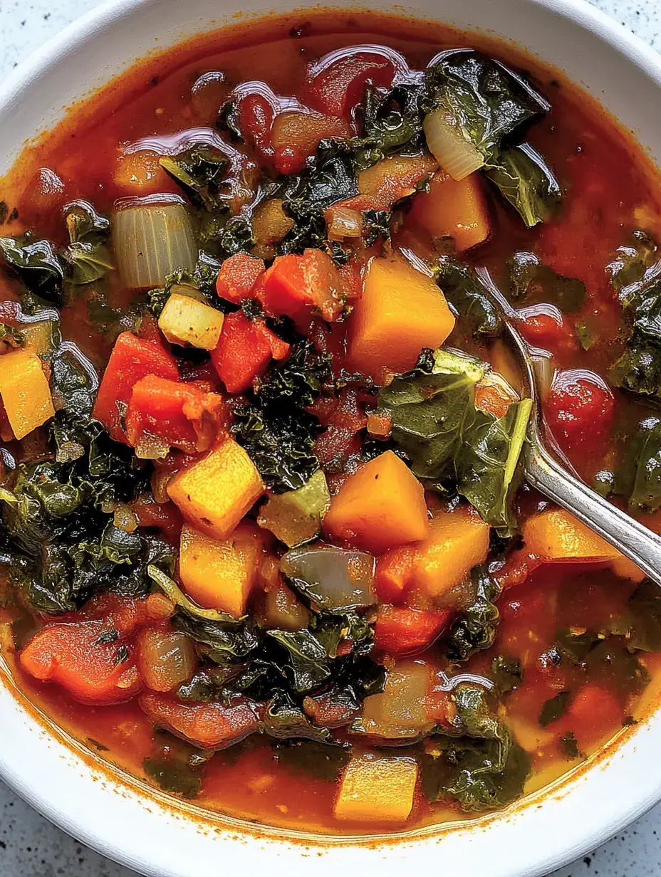 Un bol de soupe de légumes réconfortante, composée de différents cubes de légumes colorés et de légumes verts à feuilles.