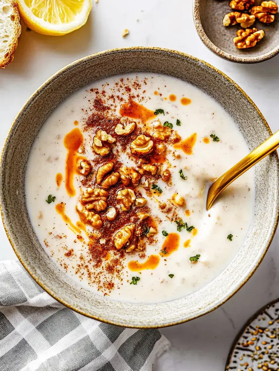 Une Schüssel mit cremiger Suppe, garniert mit Walnüssen, Paprika und einem Spritzer Öl, begleitet von einer Zitronenscheibe und einem kleinen Teller mit weiteren Walnüssen.