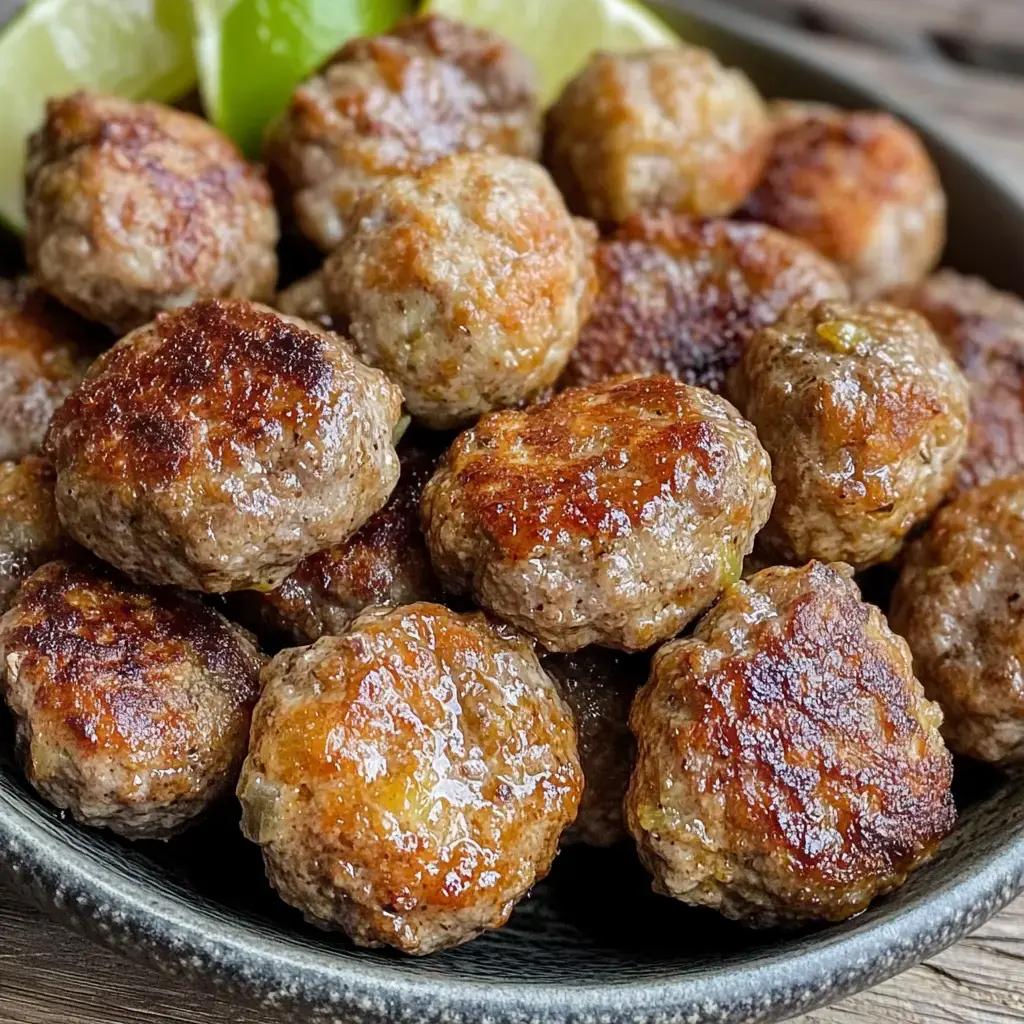 Un bol de boulettes de viande croustillantes, garnies de quartiers de citron vert.