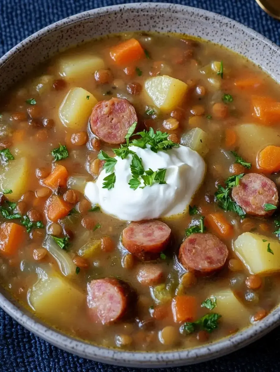 Une soupe légère aux lentilles avec carottes, pommes de terre et tranches de saucisse, garnie d'une cuillère de crème aigre et de persil frais.