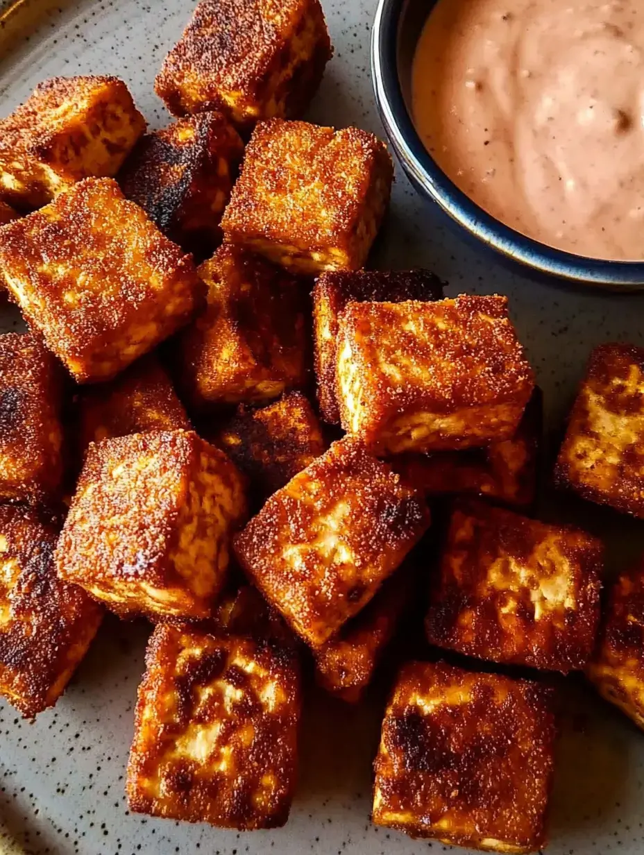 Une assiette de cubes de tofu croustillants avec un petit bol de sauce pour tremper.