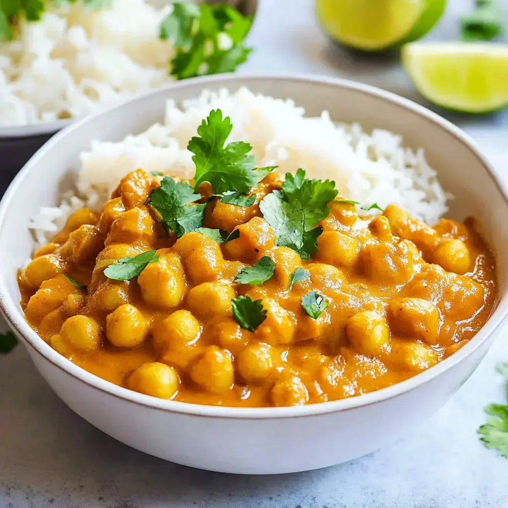 Un bol de curry de pois chiches garni de coriandre fraîche, accompagné de riz blanc.