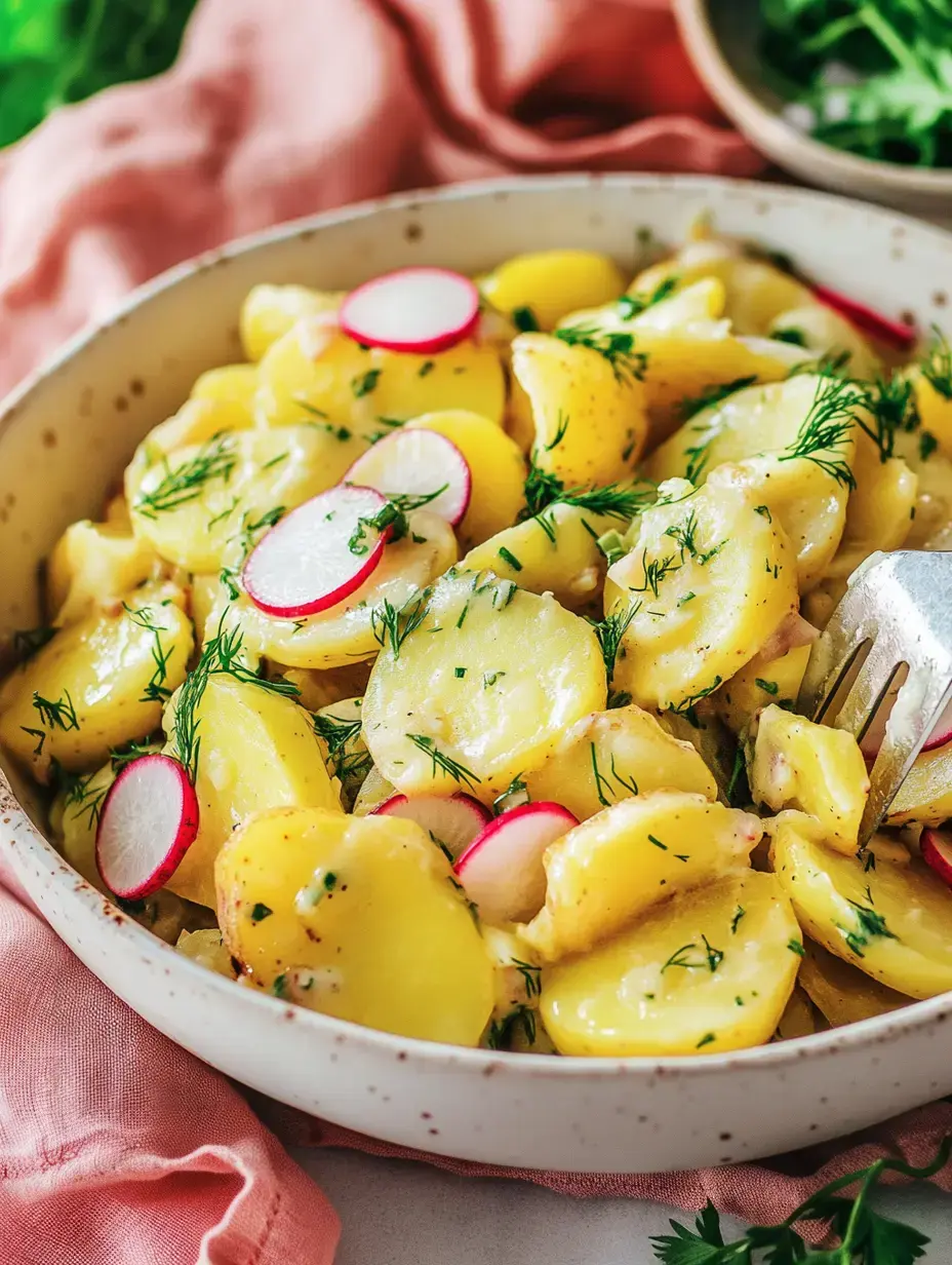 Une assiette de salade de pommes de terre, garnie de radis et d'aneth frais, sur une table avec une serviette en tissu rose.