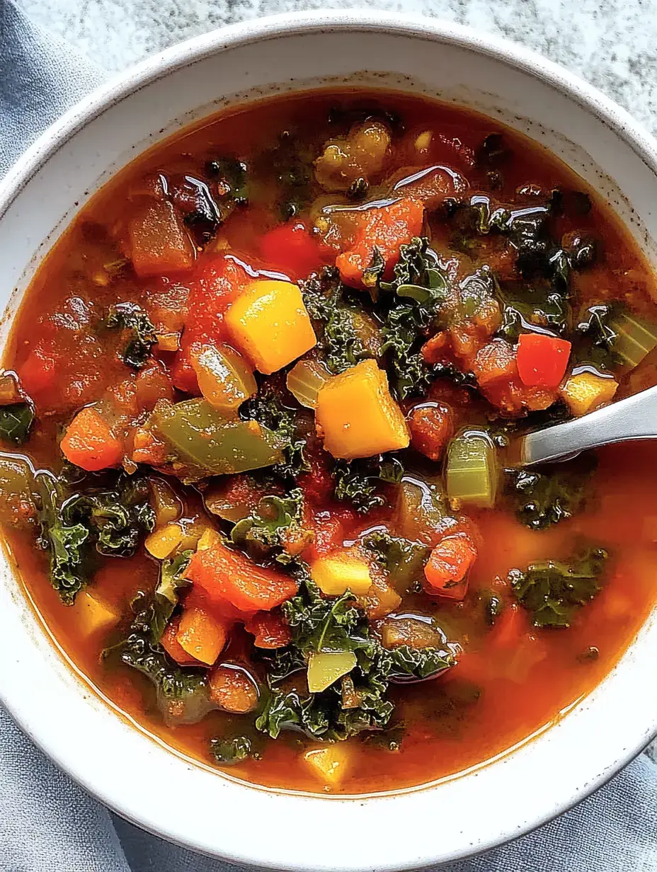Un bol de soupe de légumes colorée, composée de tomates, de légumes à feuilles vertes et de divers cubes de légumes.