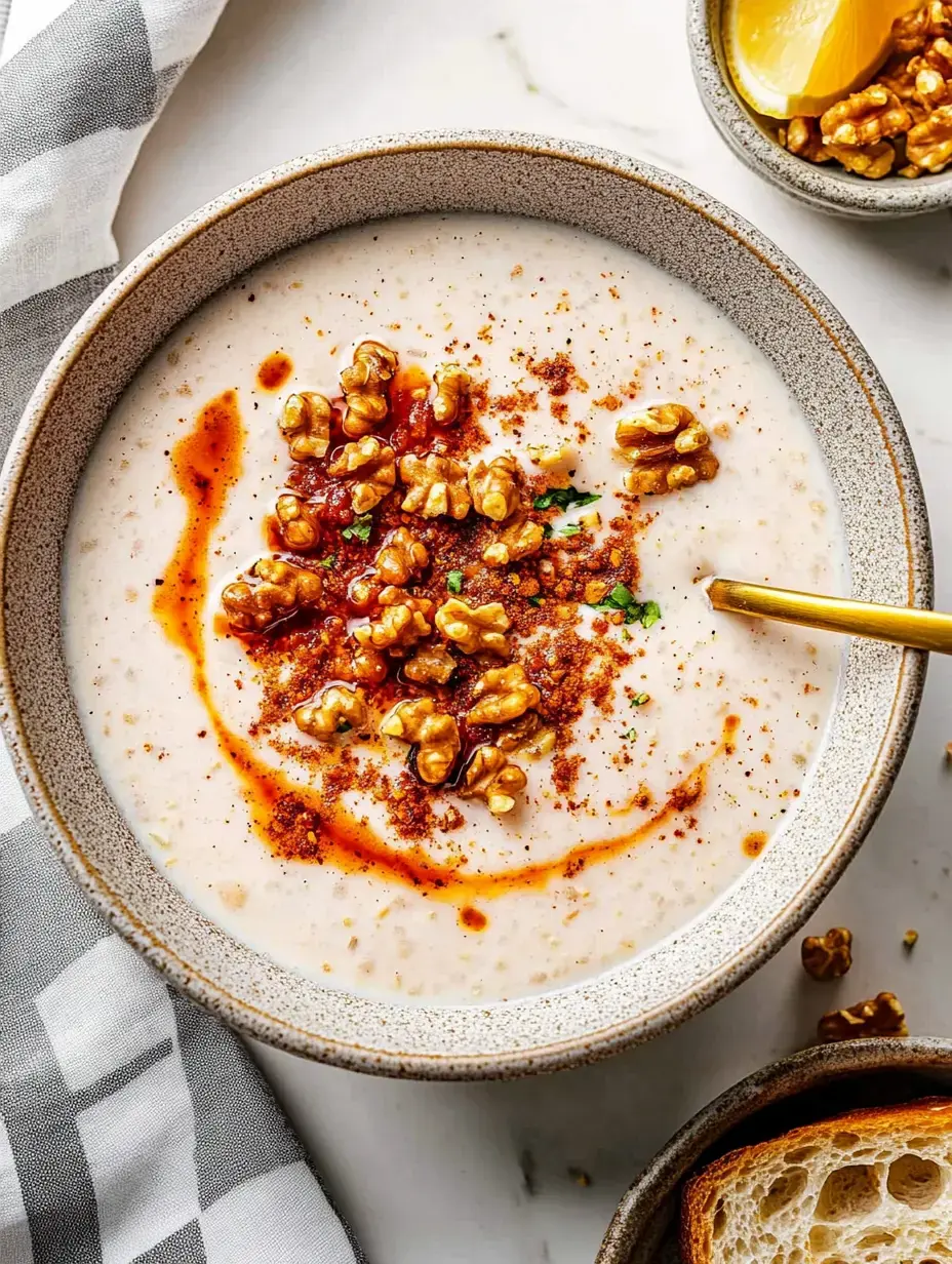 Eine Schüssel cremige Suppe mit Nüssen, Paprikapulver und einem Spritzer Chiliöl, begleitet von etwas Brot.