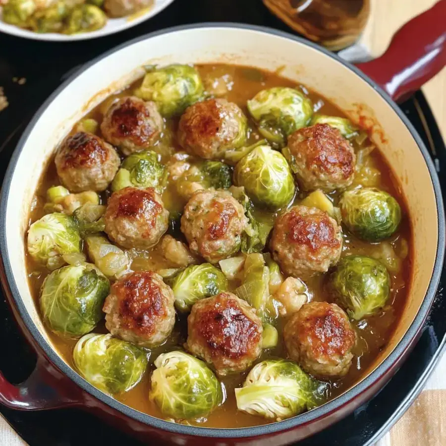 Une marmite avec des boulettes de viande et des choux de Bruxelles dans une sauce savoureuse.