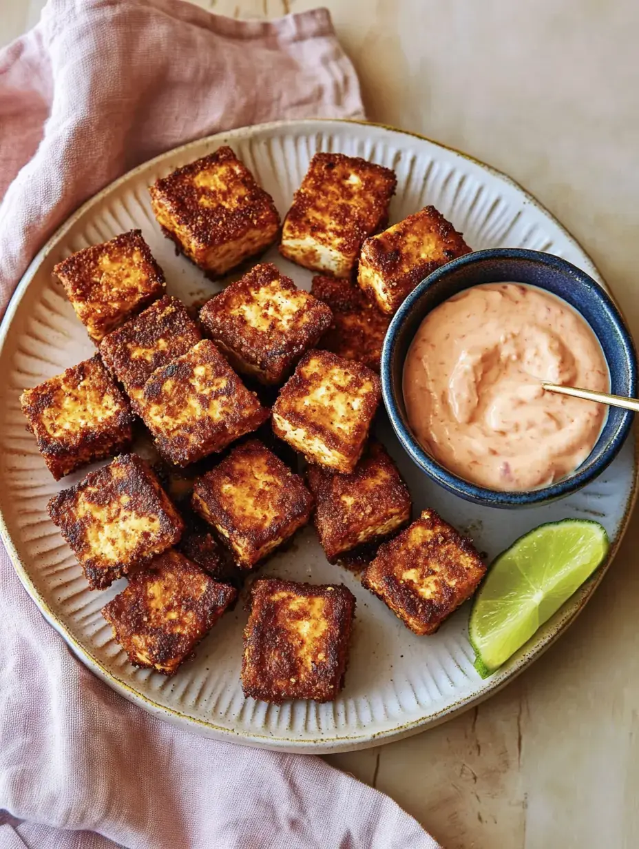 Une assiette de tofu croustillant, servie avec une sauce crémeuse au miel et sriracha et un quartier de citron vert.