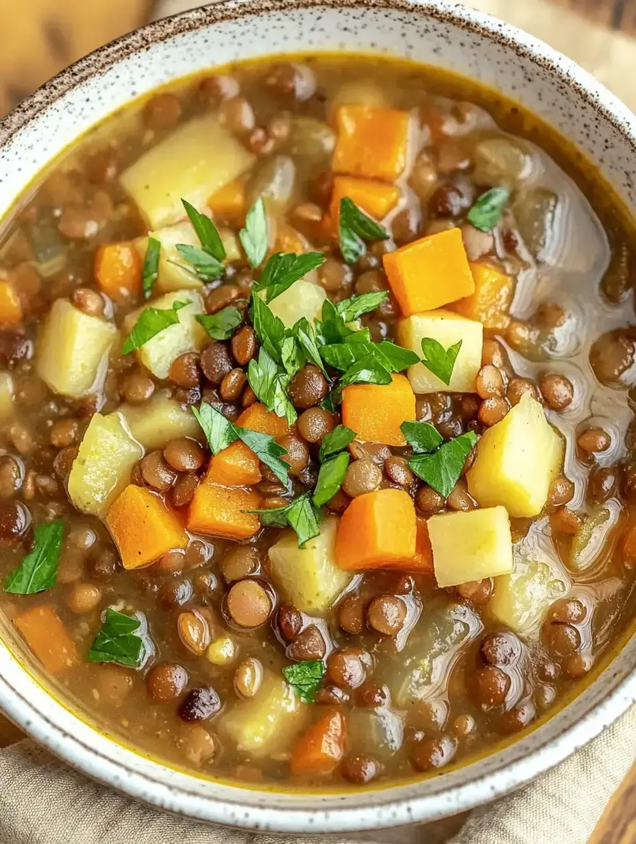 Un bol de soupe aux lentilles garnie de dés de carottes, pommes de terre et persil frais.