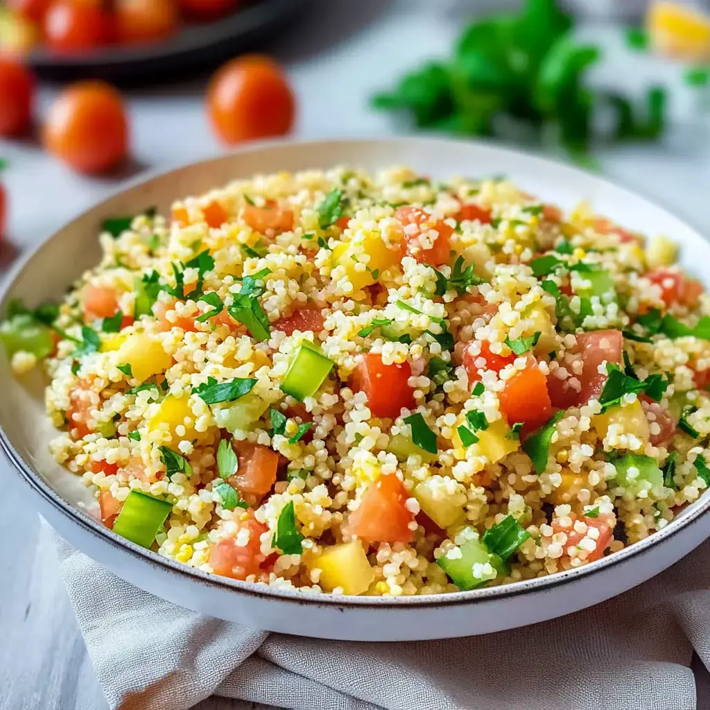 Une salade colorée de couscous avec poivrons, tomates et persil frais dans un bol.