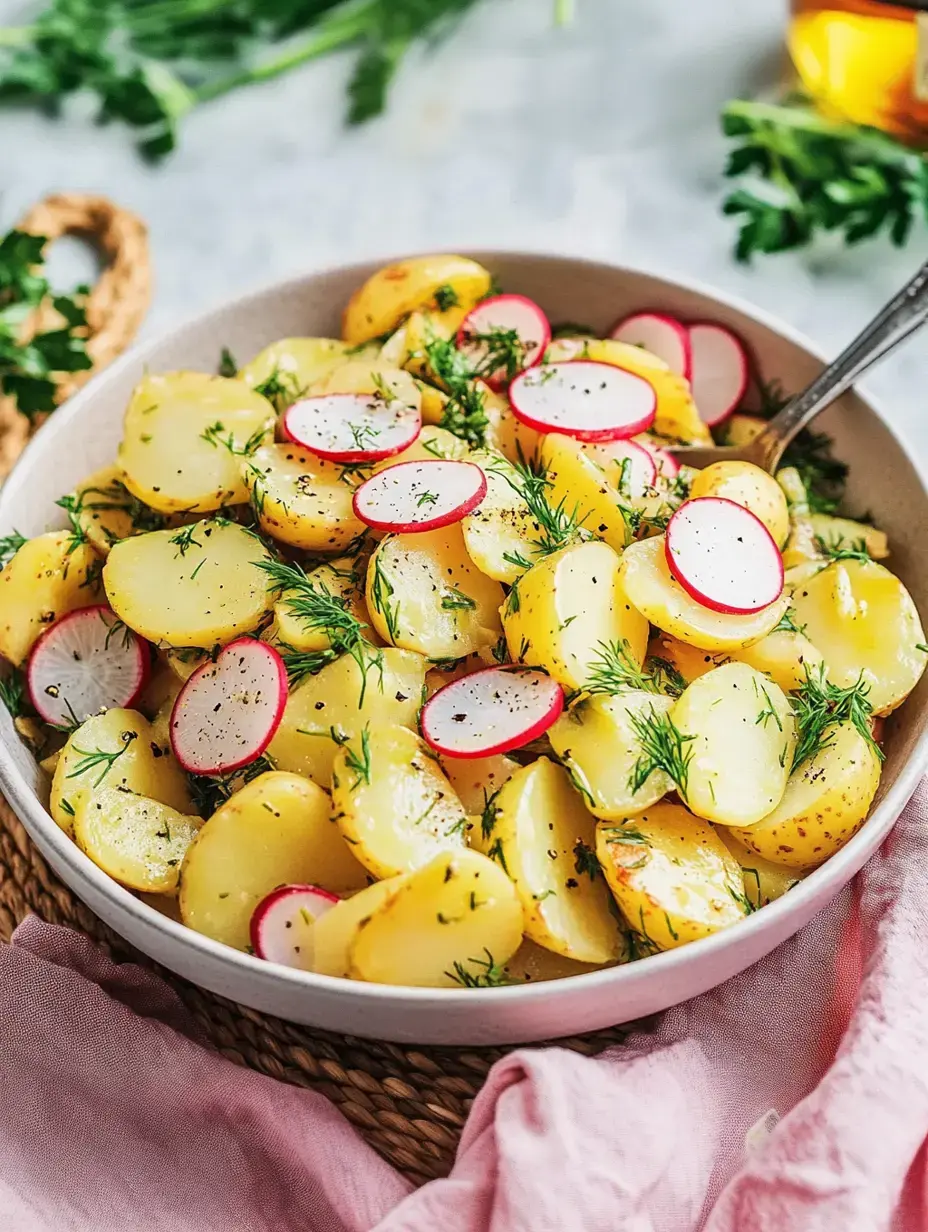 Une salade de pommes de terre colorée avec des radis et de l'aneth frais dans un grand bol.