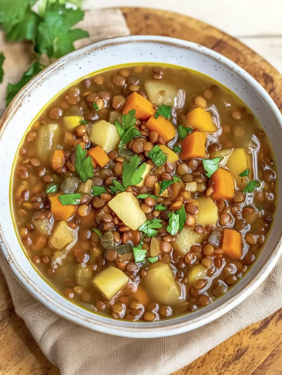 Une assiette de soupe aux lentilles enrichie de légumes en dés et d'herbes fraîches.