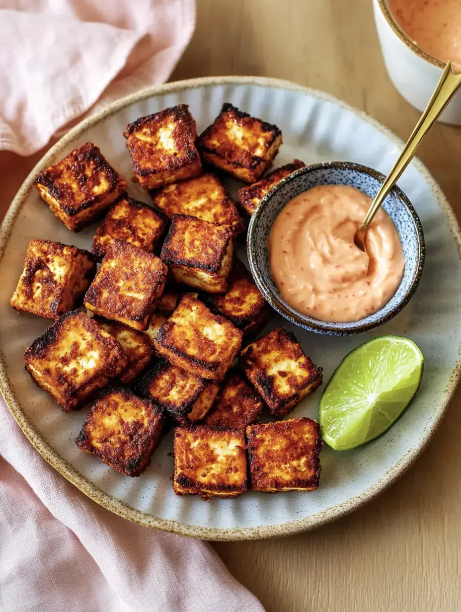 Une assiette de cubes de tofu croustillants, servie avec une sauce rose et un quartier de citron vert.